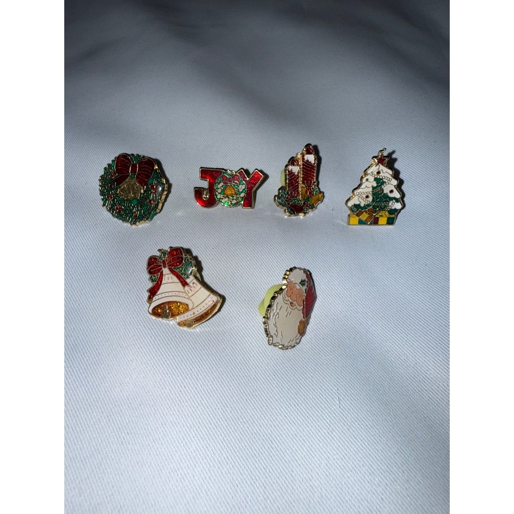 Vintage Christmas brooch Pin Set Santa Wreath Tree Bells Joy Holiday Jewelry 6pc